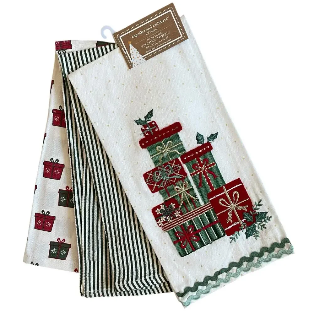 Cupcakes & Cashmere Christmas Present Kitchen Towels Set of 3 Embroidered New